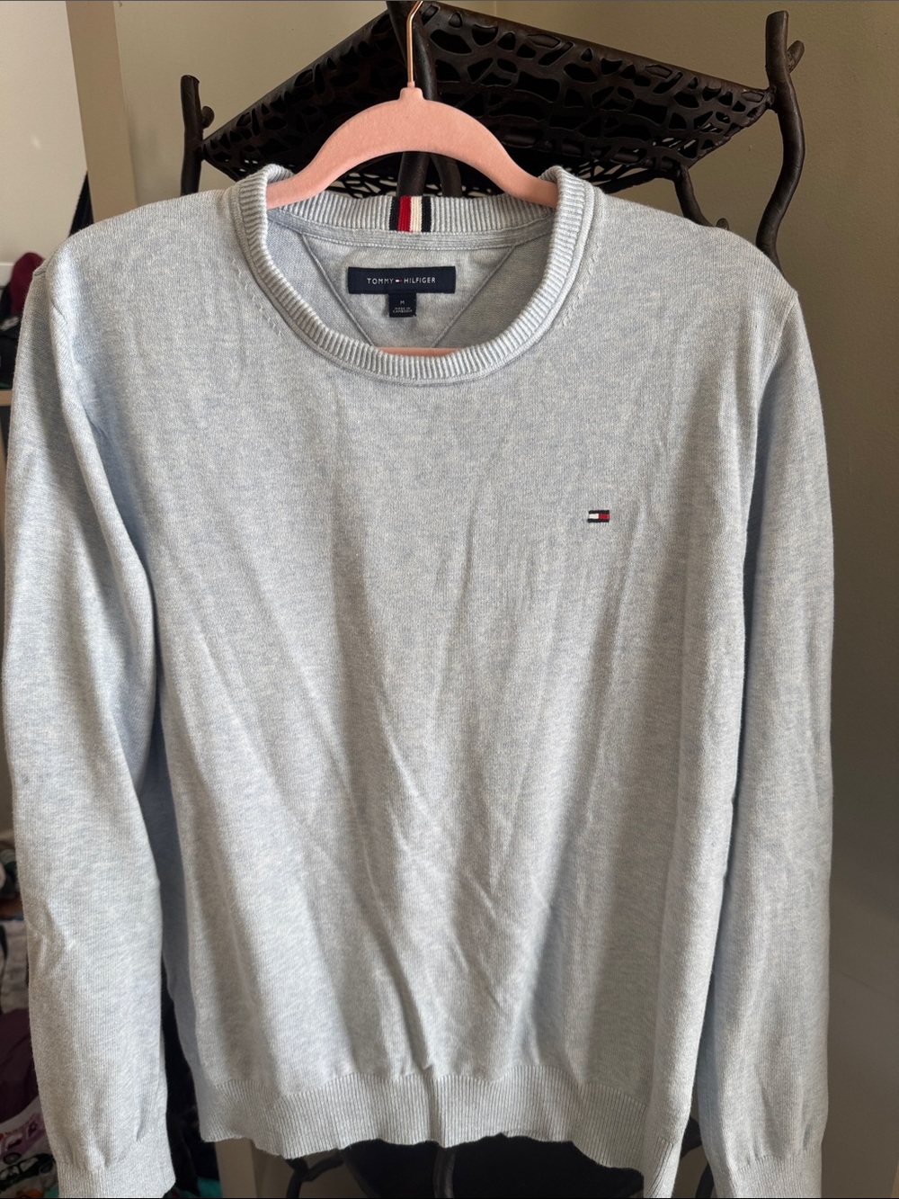 Tommy Hilfiger Light Gray Crewneck Sweater with Embroidered Flag